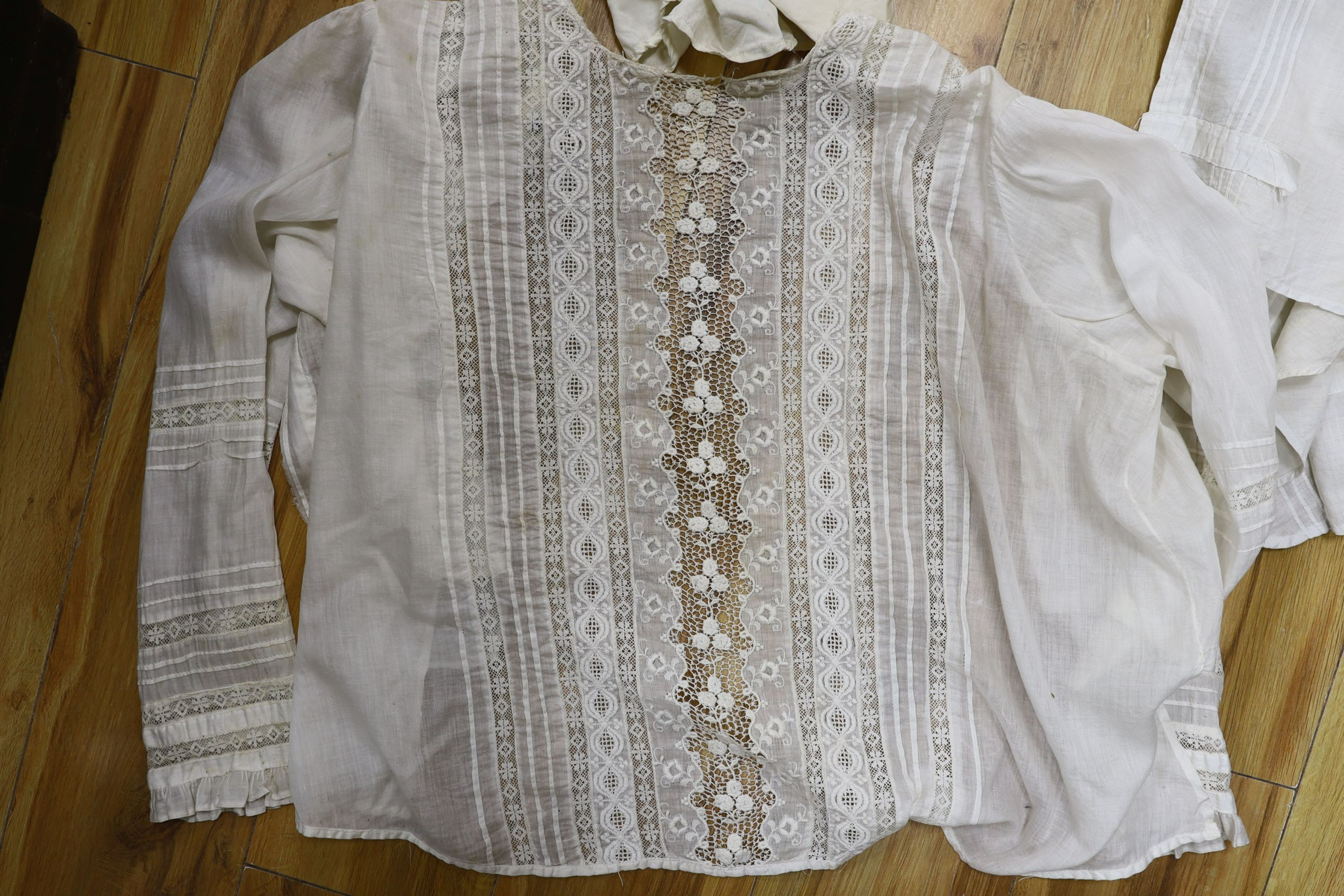 Six Edwardian fine lawn ladies summer blouses with lace and embroidered and pintucked panel and a camisole